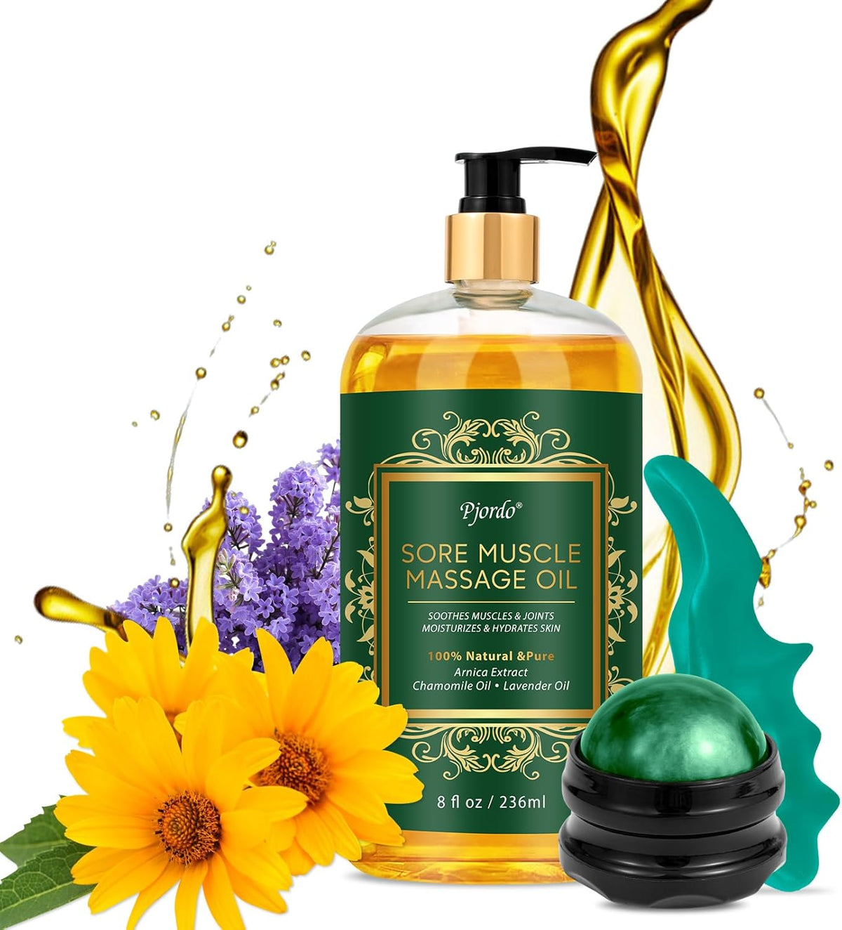 Sore Muscle Massage Oil for Massage Therapy, with Massage Roller Ball & Thumb Saver Massager, Body