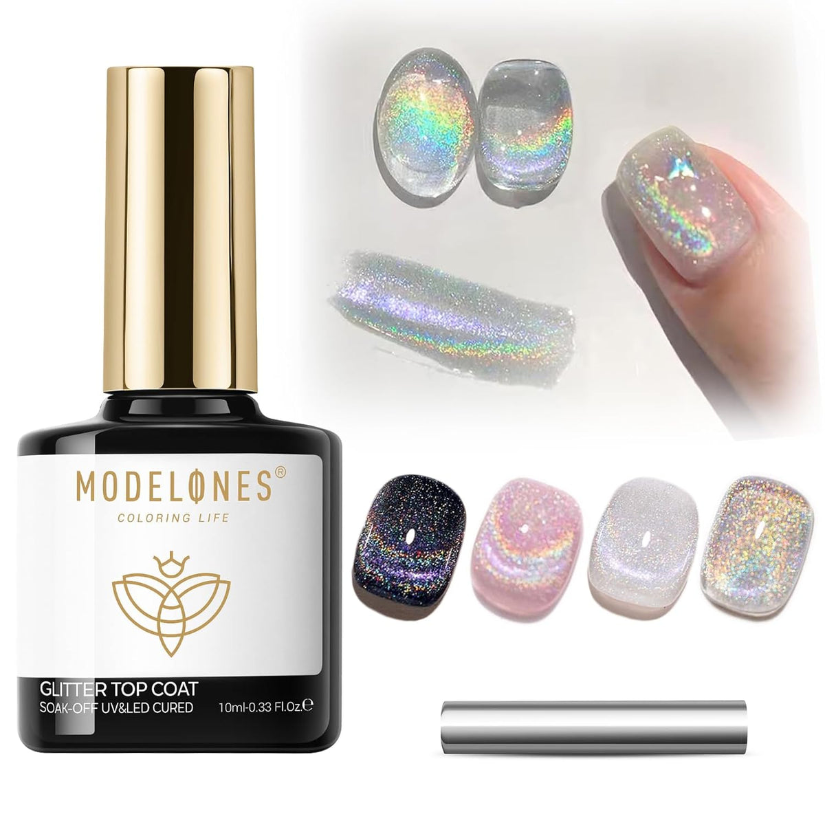 modelones Rainbow Cat Eye Gel Nail Polish Top Coat, 2-in-one 9D Glitter Clear Gel Polish with