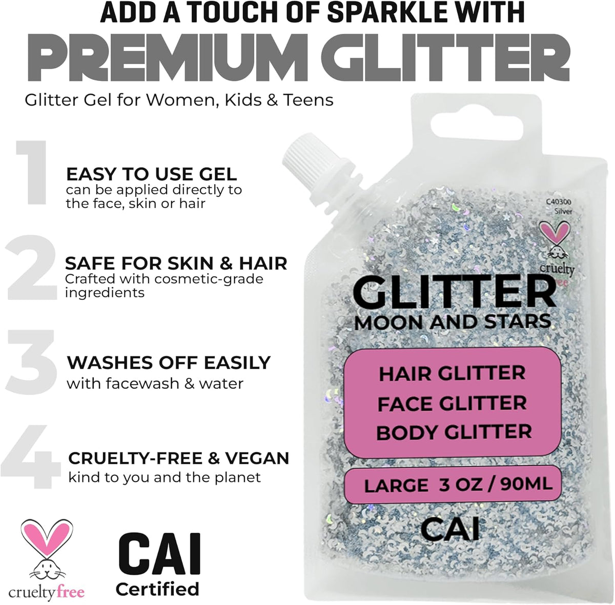 Face, Body & Hair Glitter Gel – Halloween Glitter for Kids and Women – 3 Oz Cosmetic-Grade Gel