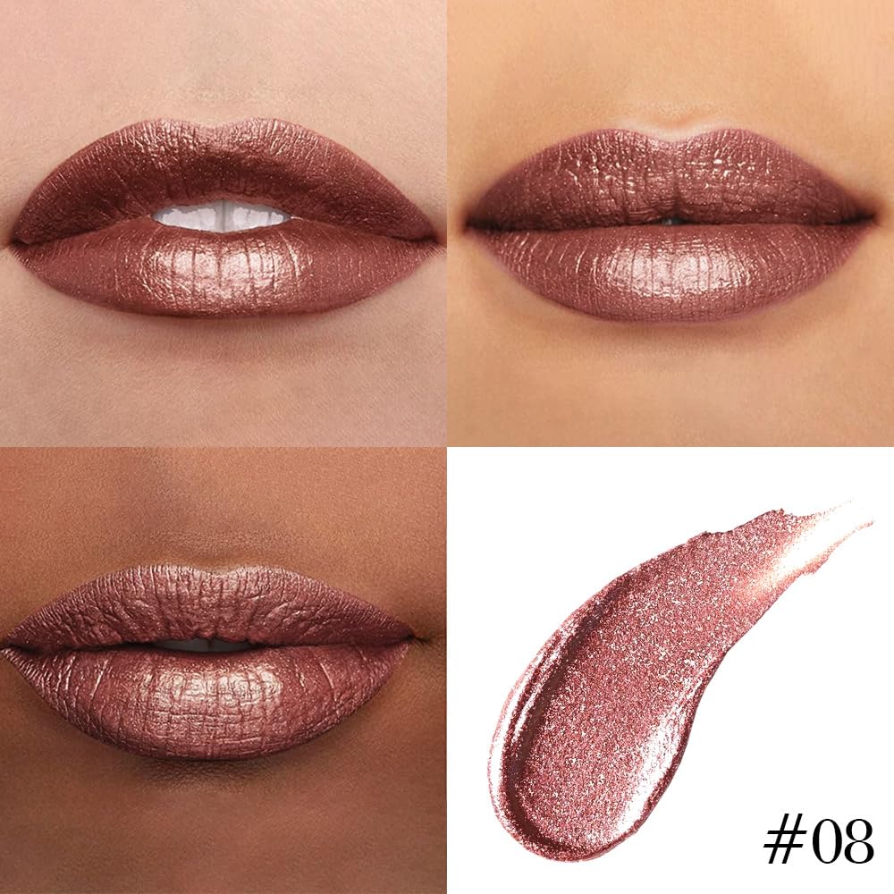 evpct Brown Bronze Metallic Glitter Lip Liner and Lipstick Combo Lip Gloss Stain Set Makeup for