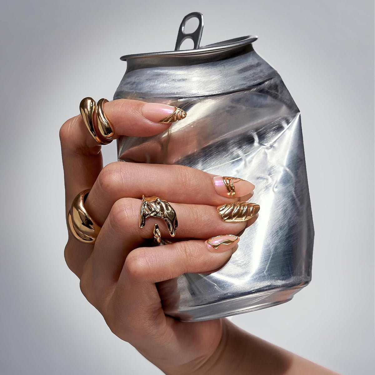 BTArtbox Press On Nails Short - 3D Gold Sculpting Almond Press On Nails with Glue for Women, Opaque