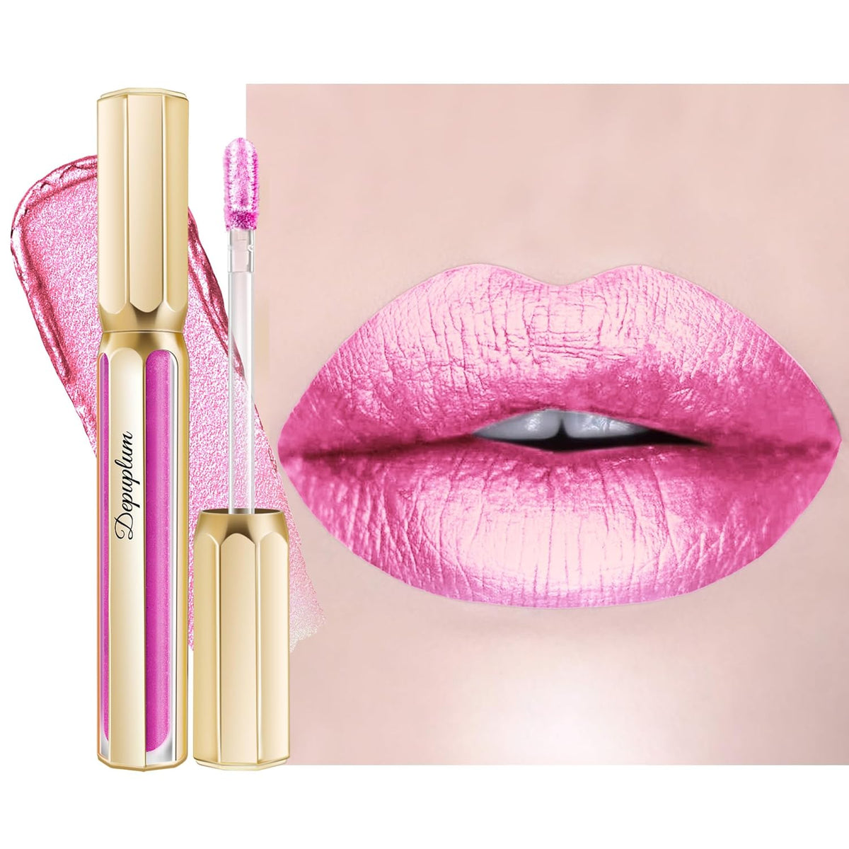 Pink Lipsticks for Women Metallic Lipstick Long Lasting Non Stick Cup Lip Gloss, Shimmer