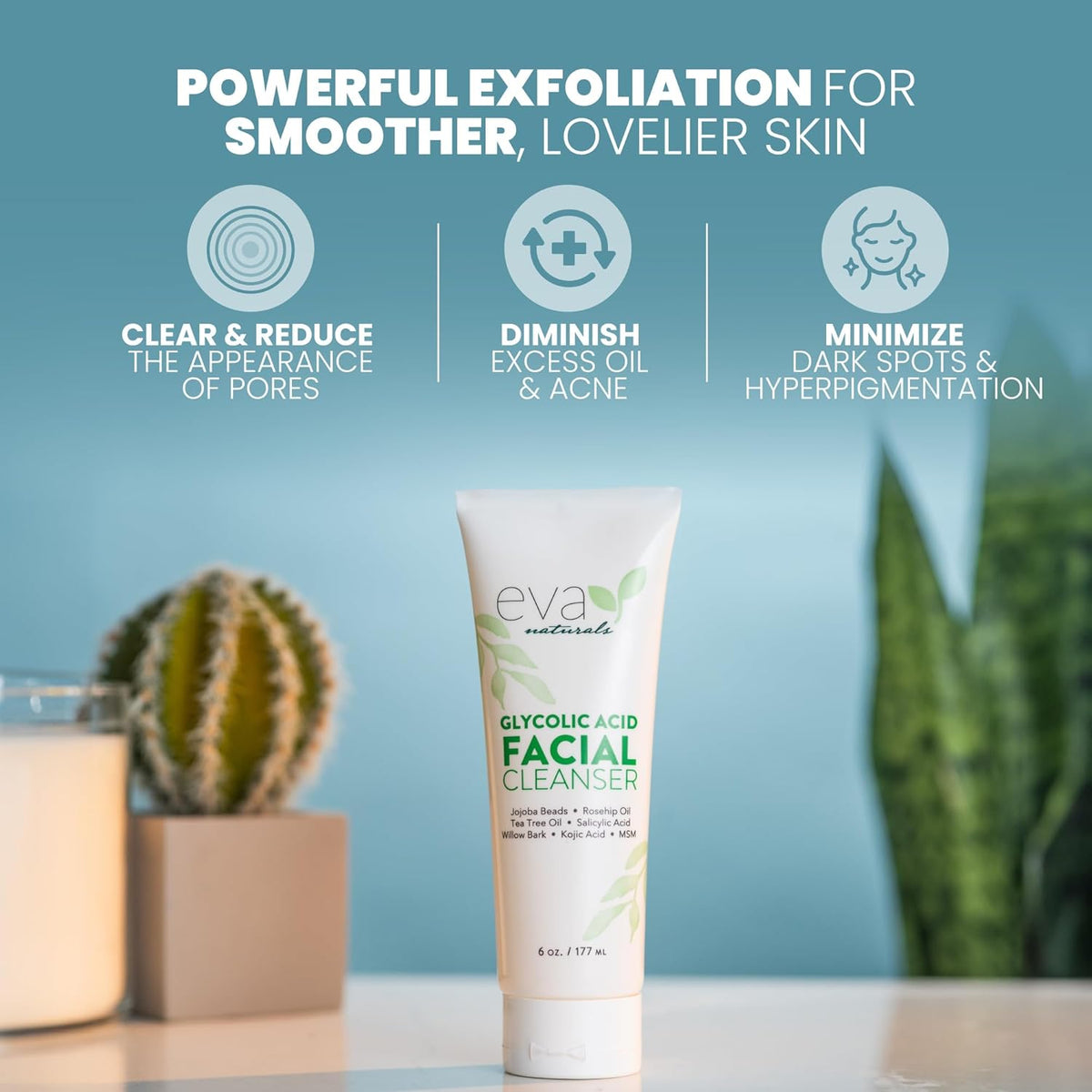 Eva Naturals Glycolic Acid Facial Cleanser – Exfoliating Face Wash with Salicylic Acid, Tea Tree &
