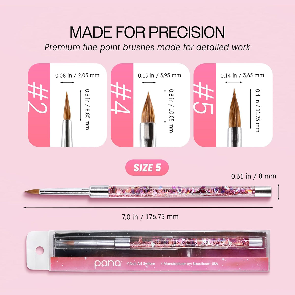PANA 3D Kolinsky Nail Art Brush - Pink Glitter Handle, Size 5 - Acrylic Nail Art Sculpture Brush