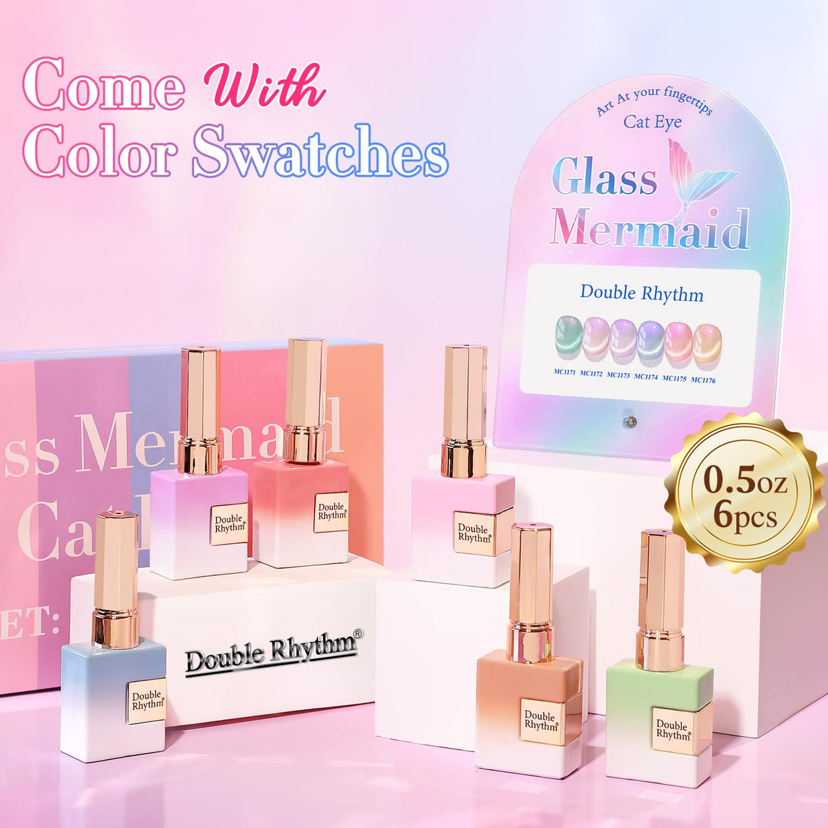 Double Rhythm Cat Eye Gel Nail Polish Set of 6 Same Color Same Bottle 0.5 Oz Shimmer Glitter with