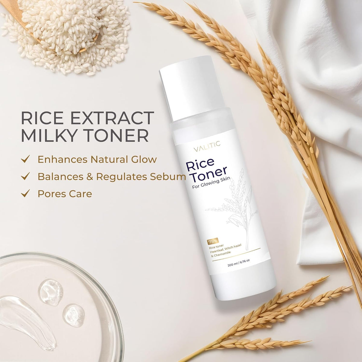 VALITIC Rice Toner - 75 Rice Extract Milky Toner for Face with Niacinamide, Heartleaf, Witch Hazel