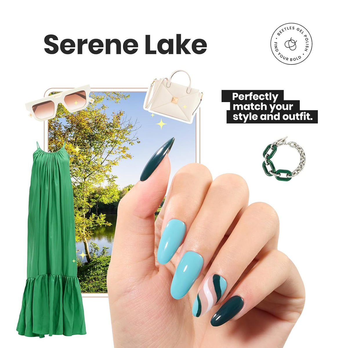 Beetles Green Nail Polish Set P181, 6 Colors Blue White Nail Polish Set, Green Collection Quick Dry