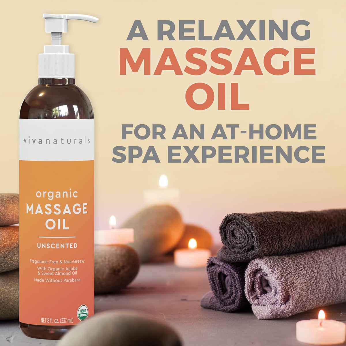 Viva Naturals Organic Massage Oil Unscented (8 fl. oz.) - Non-Greasy Body Oil with Mess-Free Pump