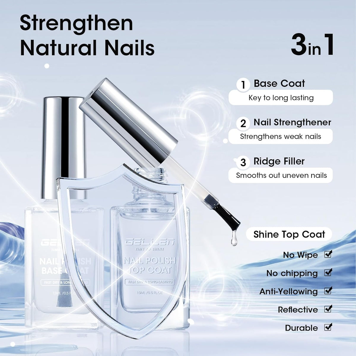 GELLEN Clear Nail Polish Base Top Coat, No Wipe High Gloss Shine Top Coat Quick Dry, Sheer Nail