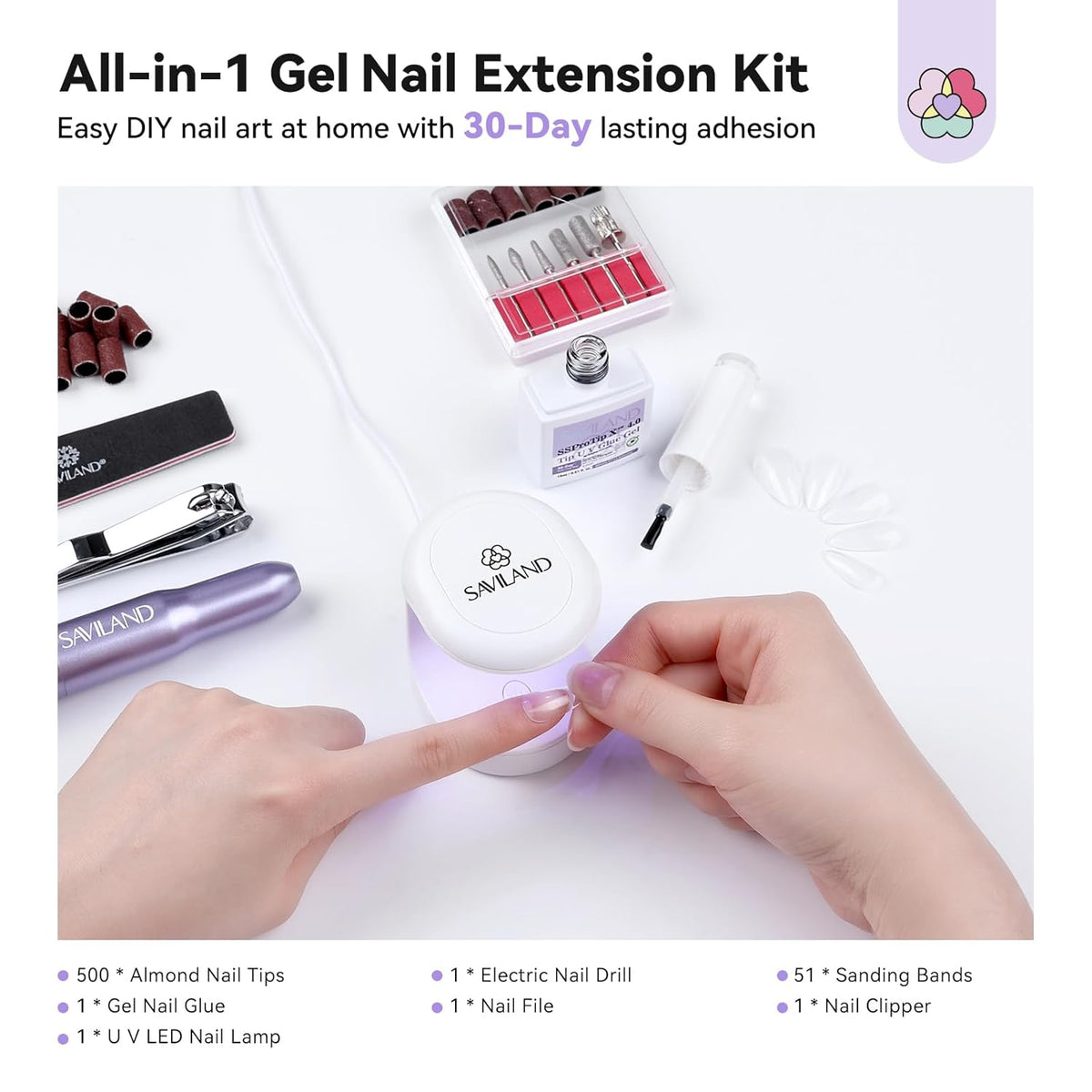 SAVILAND Pro Gel Nail Kit with Drill: Short Almond Tips 12 Sizes Gel Nail X Kit 500 PCS Strong Nail