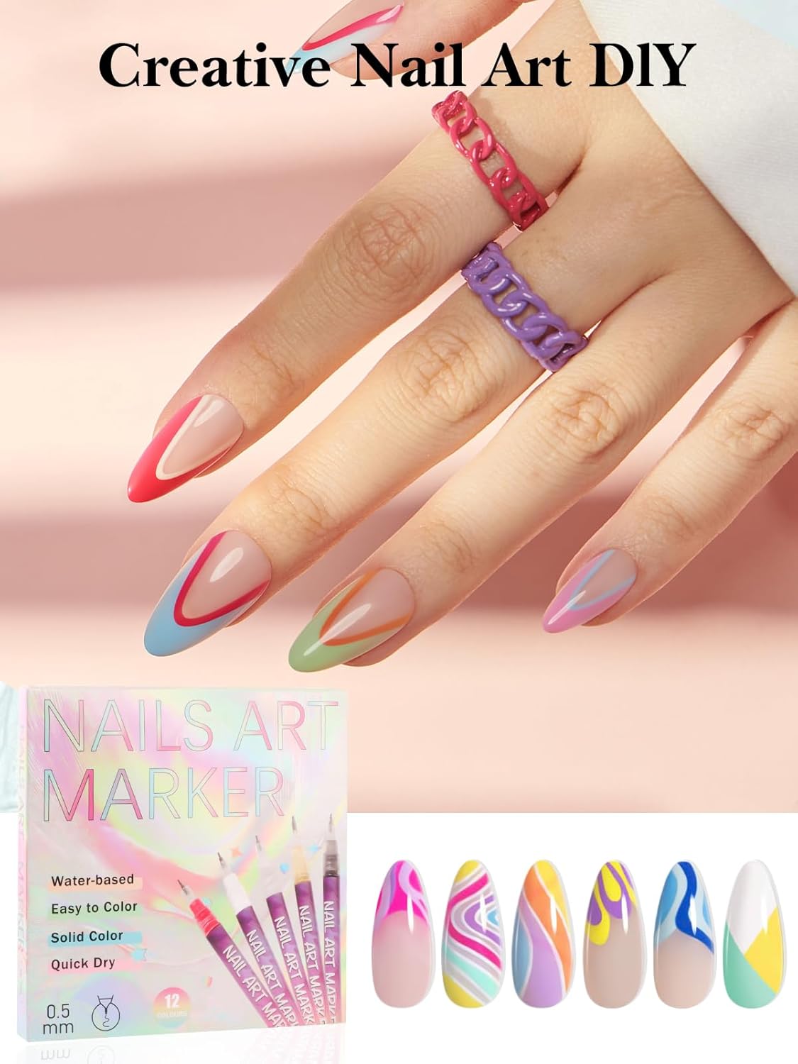 12 Colors 3D Nail Art Pens, Fine Tips 0.5 MM Nail Polish Pens Quick-Drying EBANKU Acrylic Nail