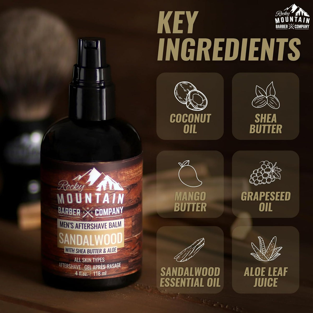 Rocky Mountain Barber Company Aftershave Balm for Men – with Sandalwood Essential Oil, Coconut Oil