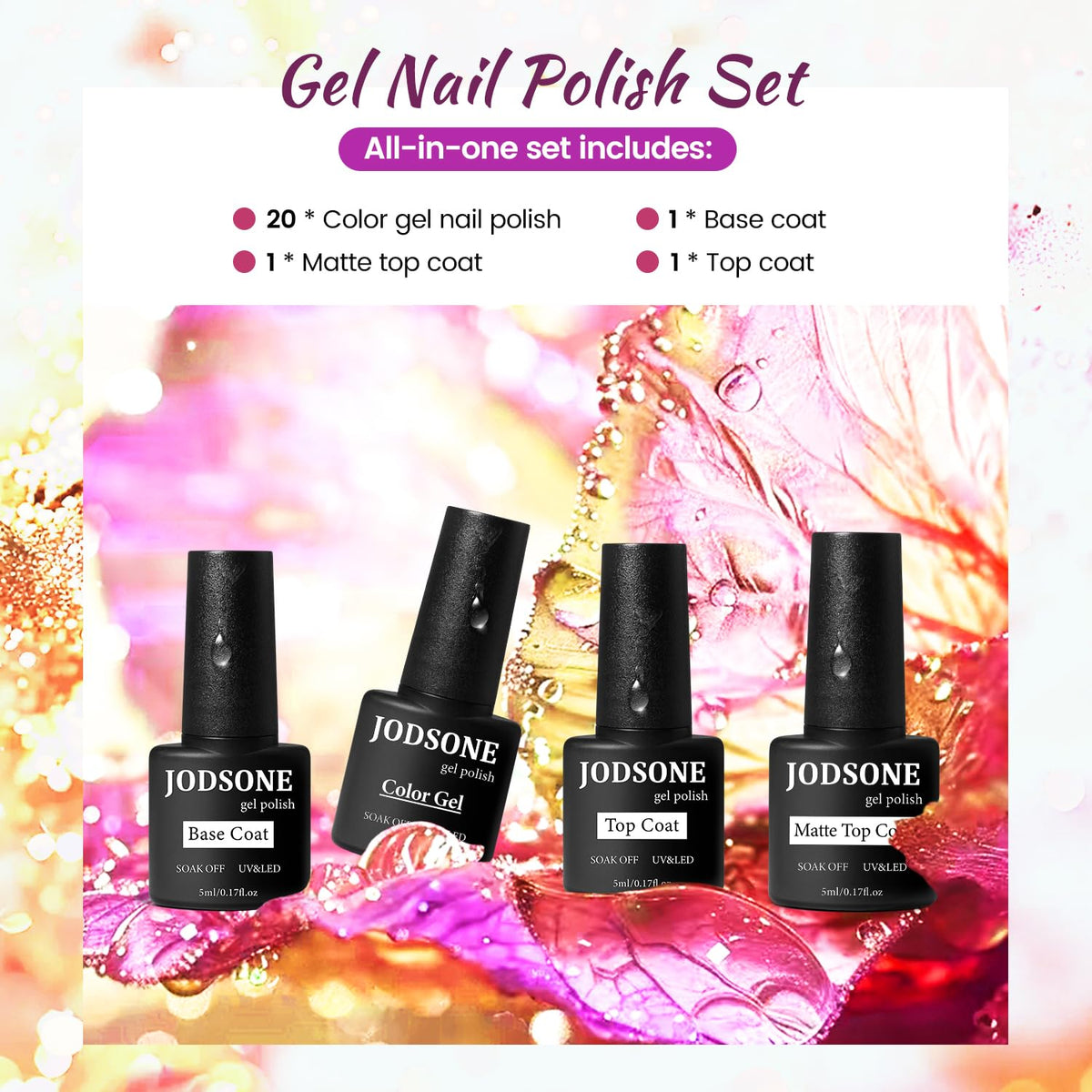 JODSONE 23 Bottles of Glitter Colorful and Elegant Gel Polish kit with 3 Bottles of Matte and