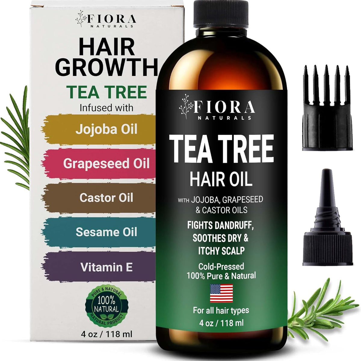 Fiora Naturals Tea Tree Oil for Hair and Scalp - with Jojoba, Grape Seed & Castor Oils - Helps hair