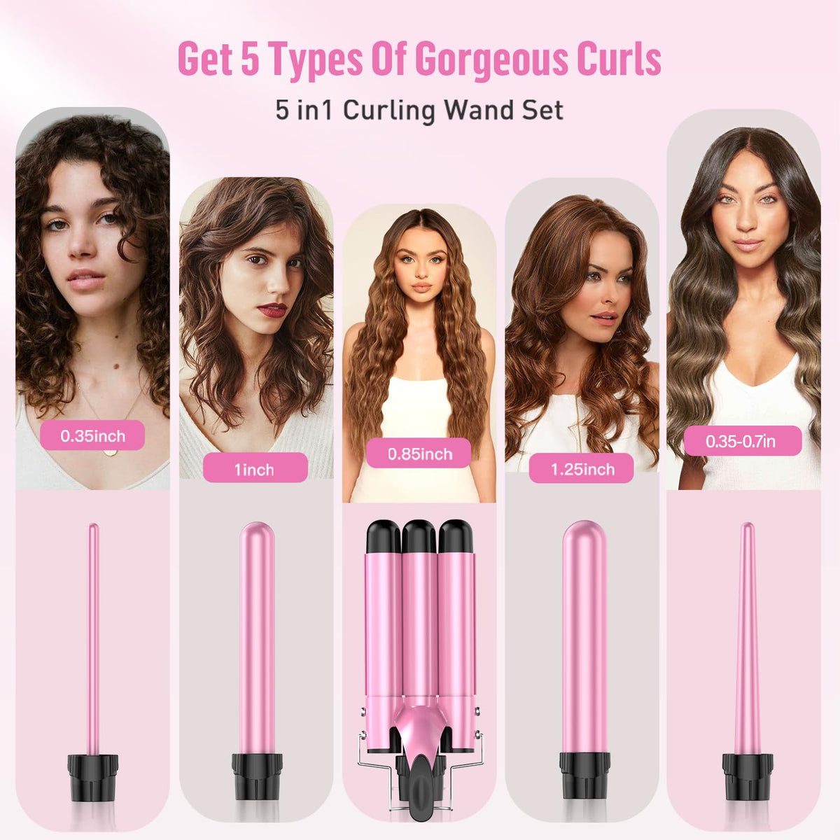 Waver Curling Iron Wand - BESTOPE PRO 5 in 1 Curling Wand Set with 3 Barrel Hair Crimper for Women