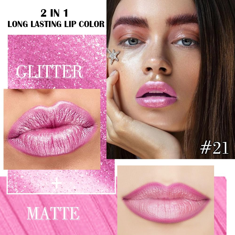 evpct Pink Metallic Glitter Lip Liner and Lipstick Combo Lip Gloss Stain Set Makeup for Women Long