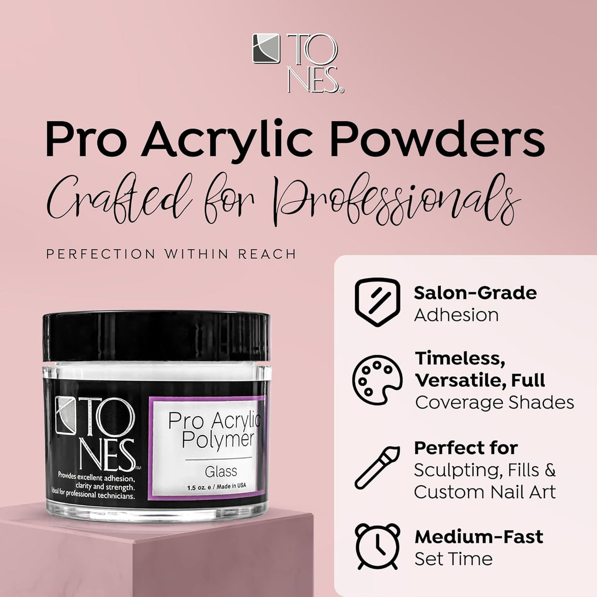 Tones Pro Acrylic Nail Powder, Glass (Clear), (1.5 Fl Oz) - Long-Lasting & Non-Yellowing Polymer