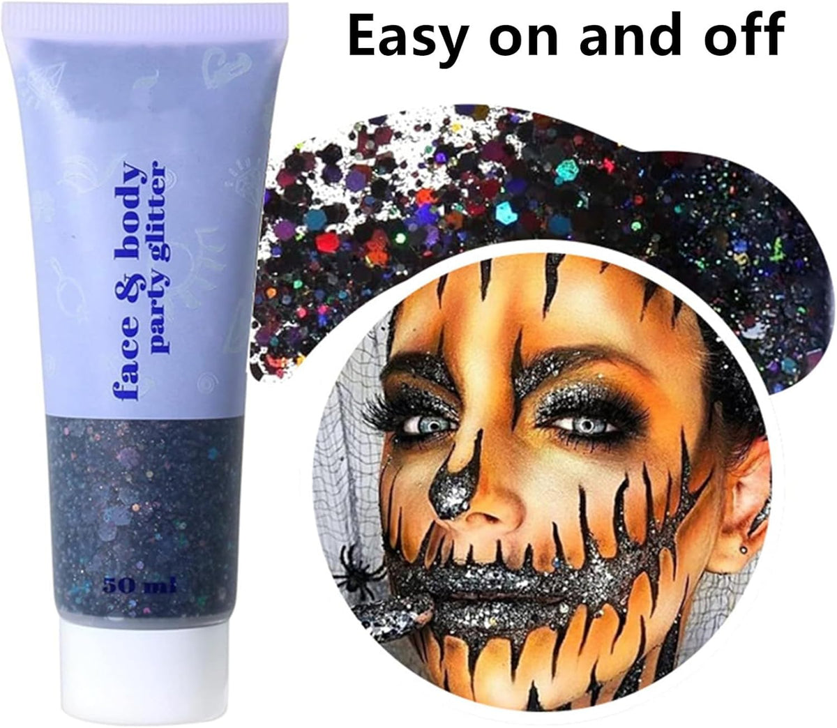 Go Ho Black Face Body Glitter,Halloween Face Paint Glitter Makeup,Holographic Chunky Sequins