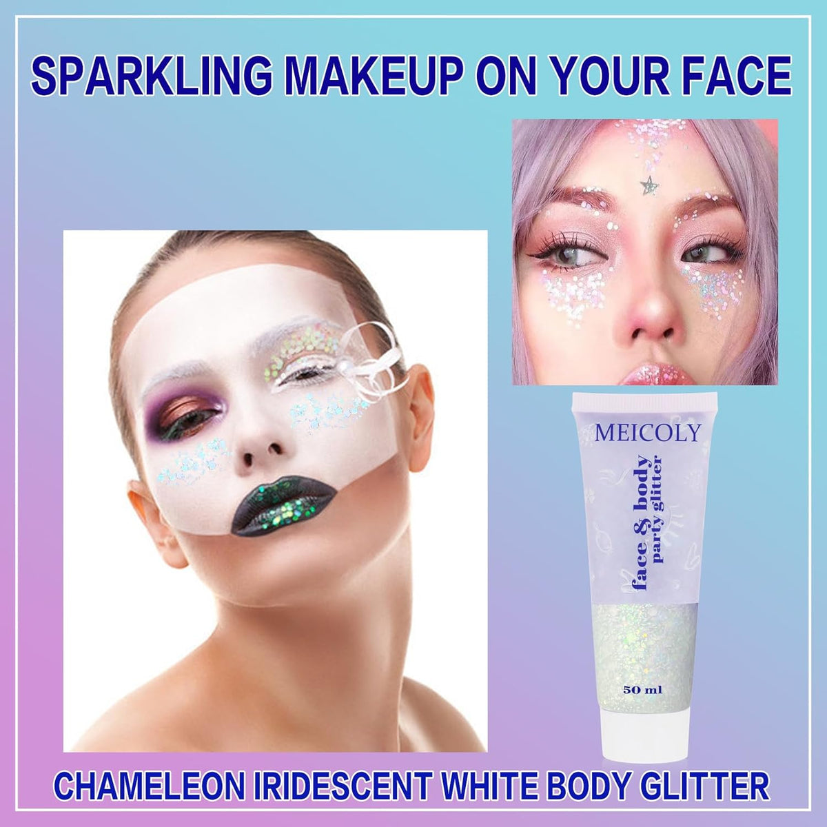 MEICOLY Chameleon Iridescent White Body Glitter,Chunky Face Glitter Paint Ice Themed Aerial