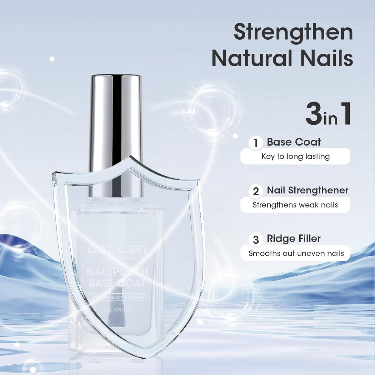 GELLEN Clear Nail Polish Base Coat, Calcium-Formula Nail Base Coat Strengthener Strengthens Nails