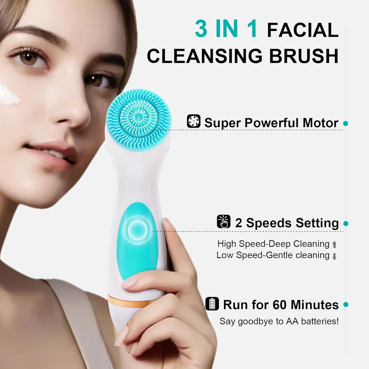 Facial Cleansing Brush, 3 in 1 Electric Face Scrubber with 3 Brush Heads for Women/Men, Waterproof