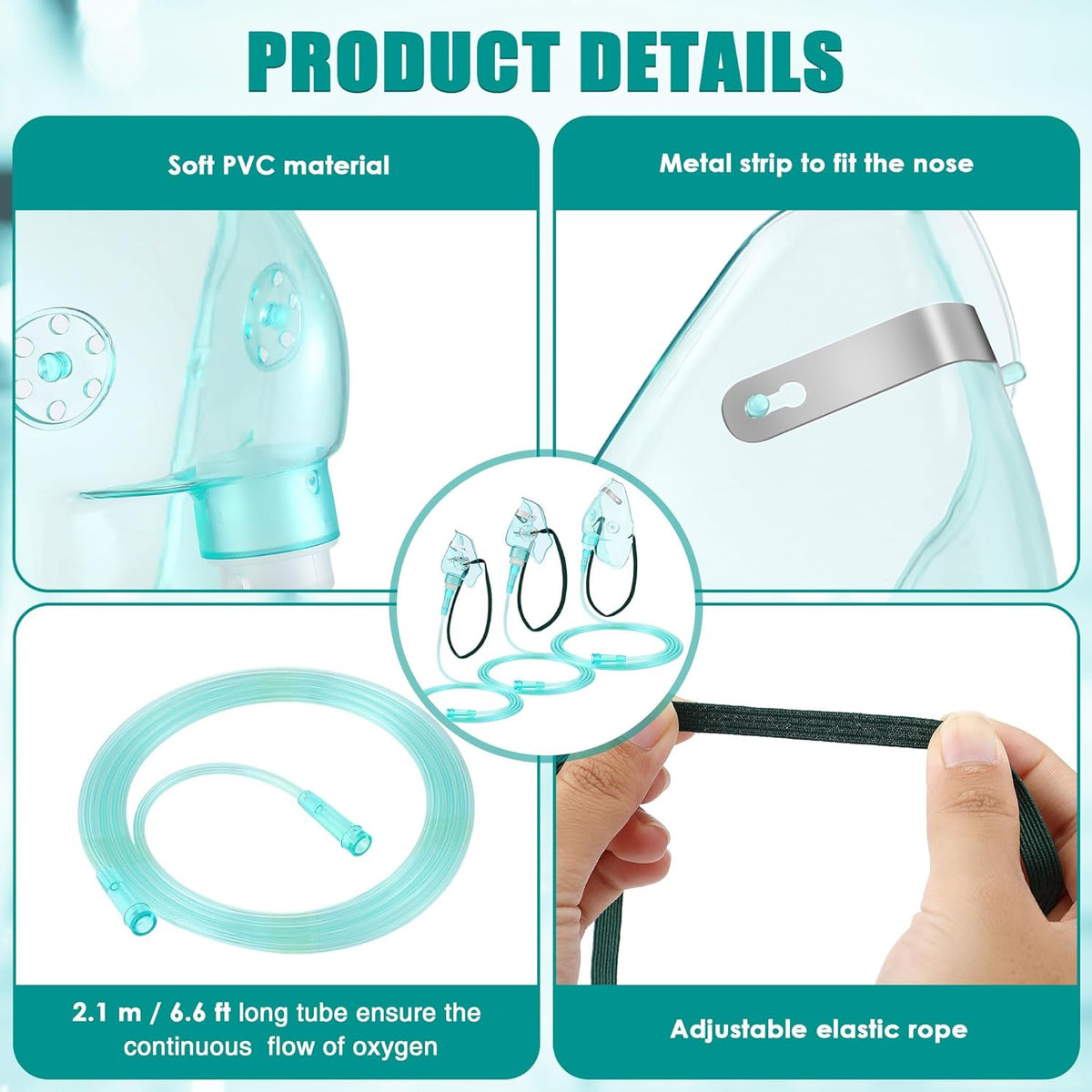 Geiserailie 3PCS S/M/L Size Oxygen Mask for Adult with 6.6 Ft Tubing and Adjustable Elastic Strap