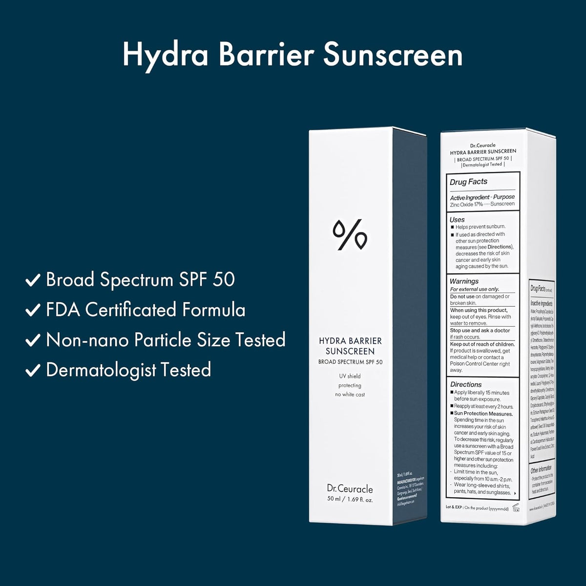 Dr.Ceuracle Hydra Barrier Mineral Sunscreen Broad Spectrum SPF 50 - Korean Sunscreen with Zinc