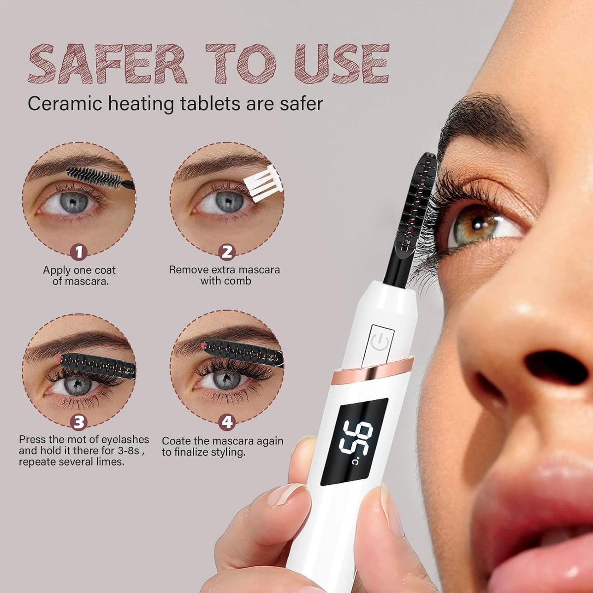 Heated Eyelash Curler for Women, Electric Lash Curler with 10s Fast Heating, 4 Adjustable Temp