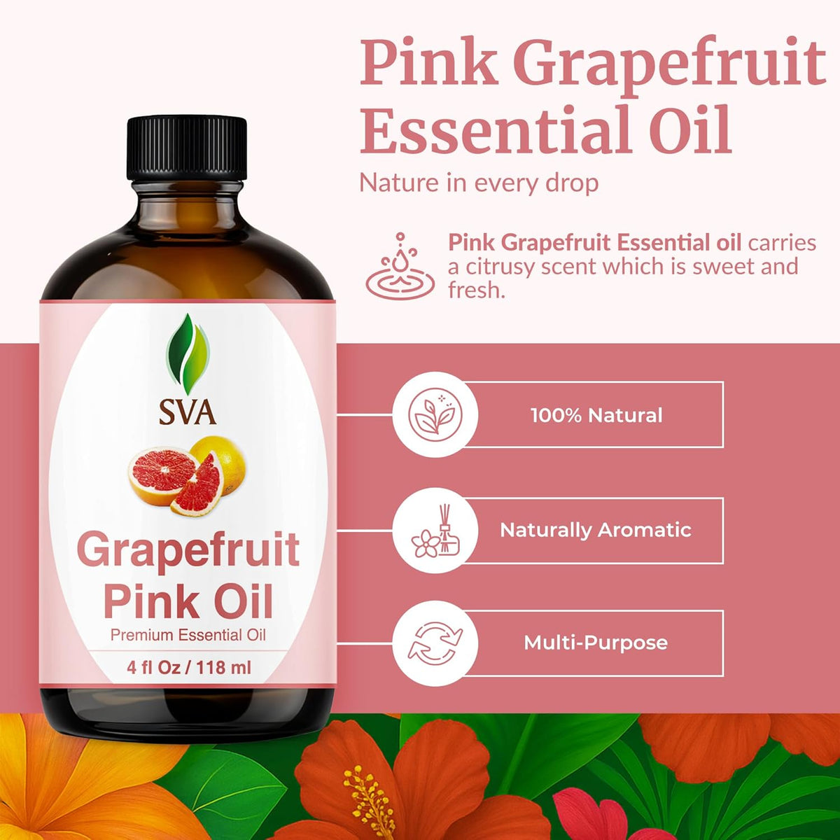SVA Grapefruit Essential Oil Pink – 4 Fl Oz – 100% Natural Grapefruit Oil - for Diffuser, Hair