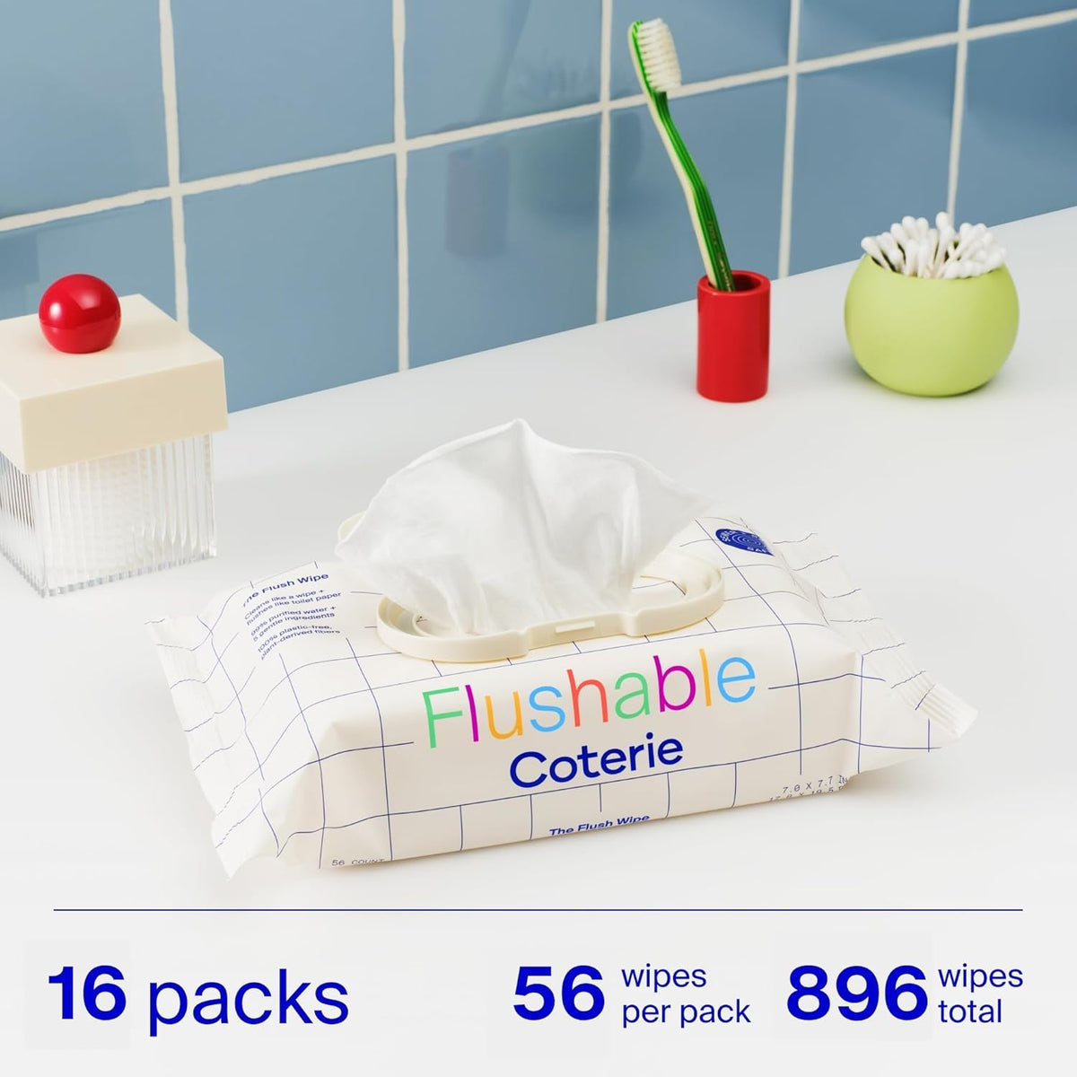 Coterie Flushable Wipes for Sensitive Skin, Hypoallergenic, 99% Water, Plant-Based Fibers, Sewer +