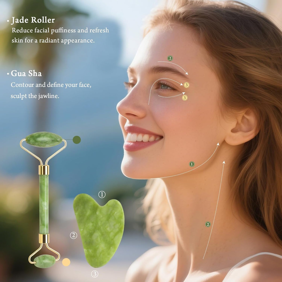 Real Perfection Gua Sha Facial Tools Face Roller for Wrinkles Jade Roller and Gua Sha Set, Scrubber