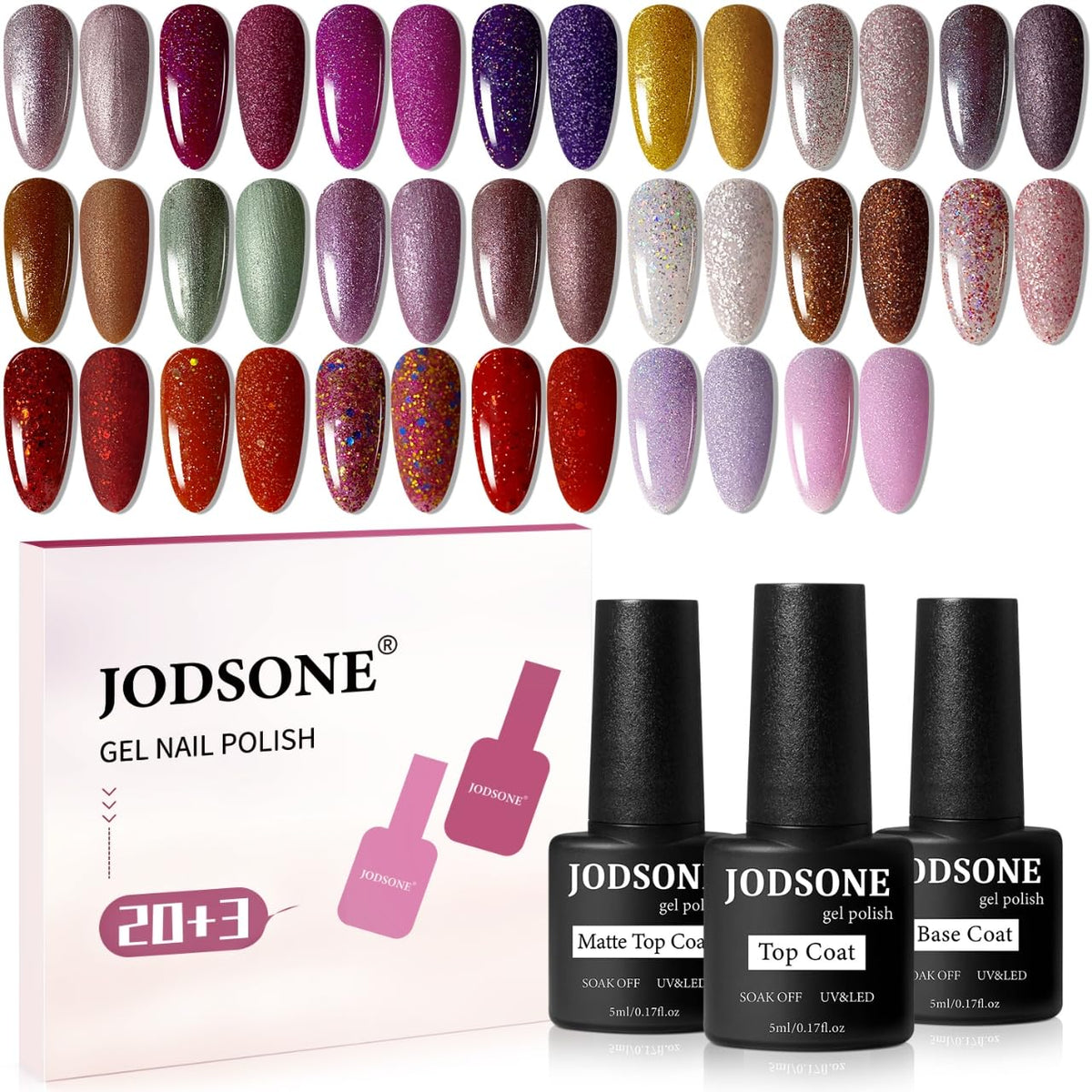 JODSONE 23 Bottles of Glitter Colorful and Elegant Gel Polish kit with 3 Bottles of Matte and