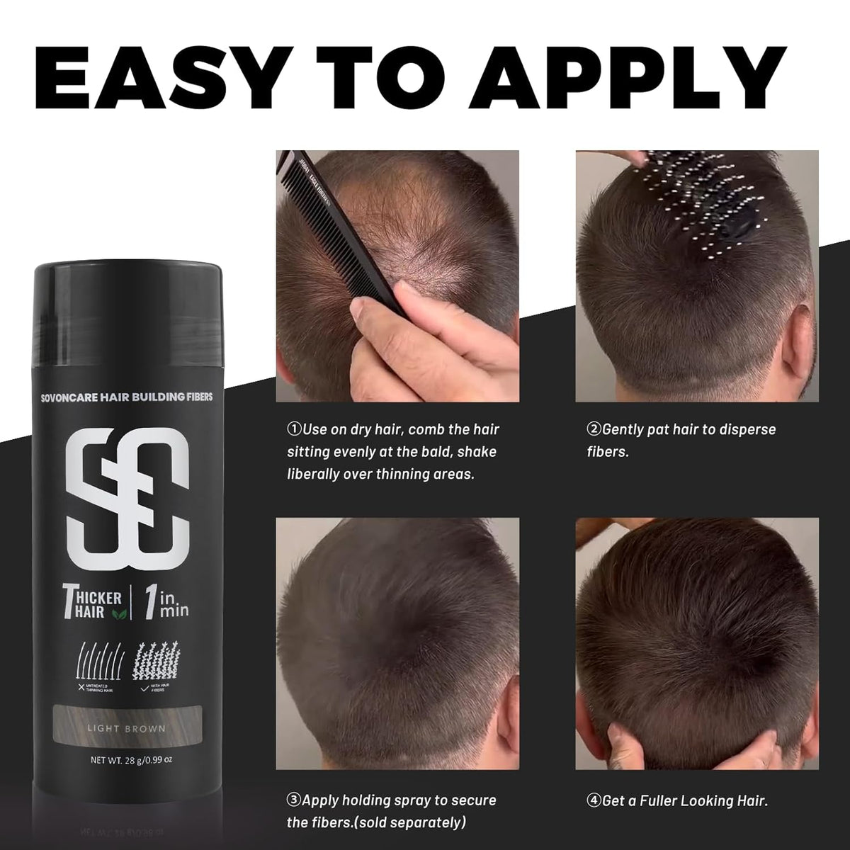 SOVONCARE Hair Fibers for Thinning Hair Light Brown, Hair Building Fibers for Bald Spots