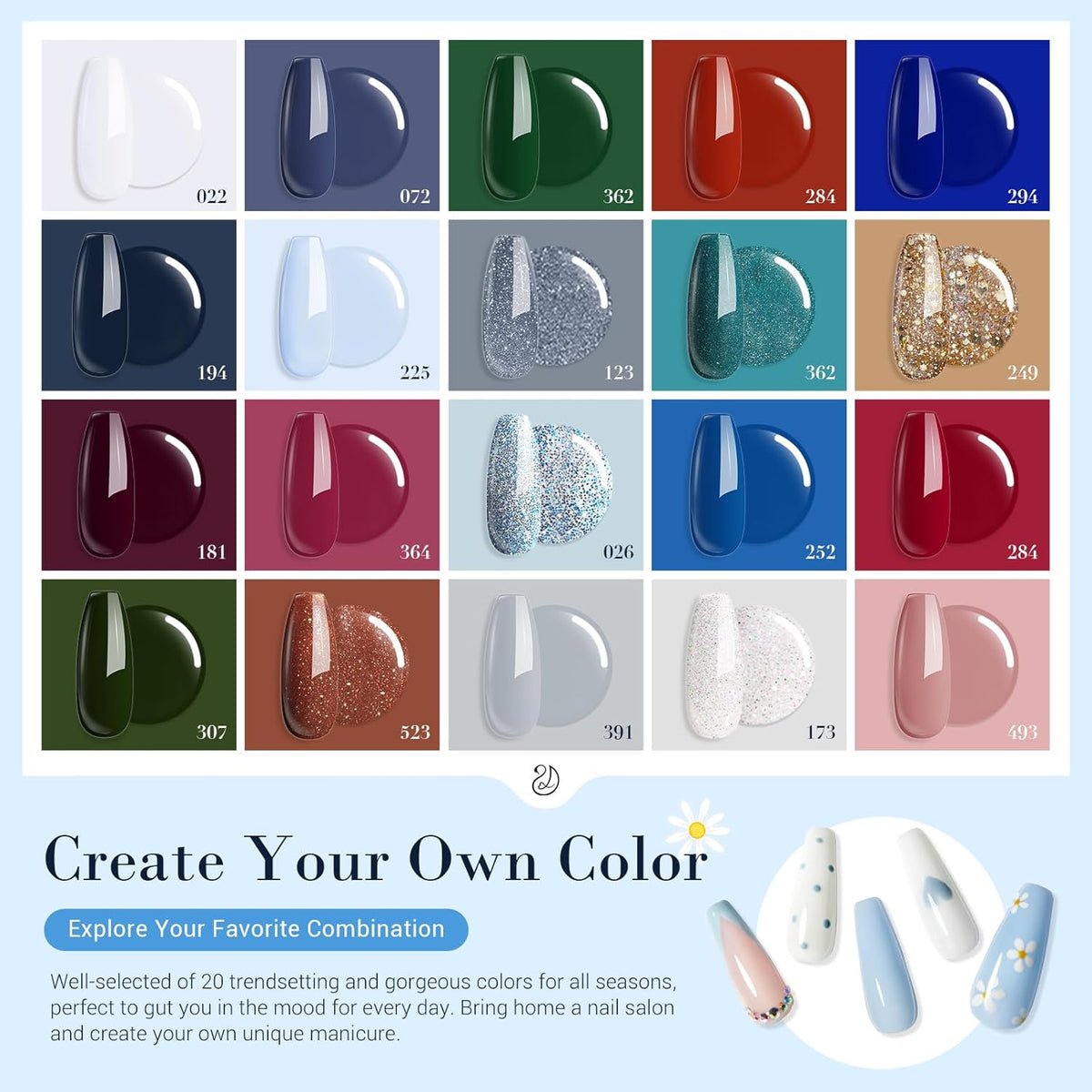 AZUREBEAUTY Dip Powder Nail Kit Starter Spring Summer Blue Red Green Glitter 31 Pcs 20 Colors