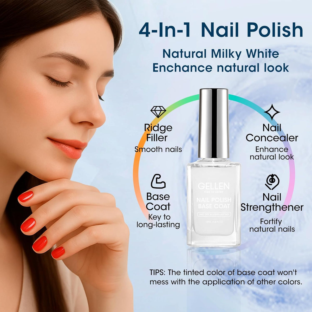 GELLEN Clear Nail Polish Base Coat Sheer Tinted Milky White, Natural Color Regular Nail Polish