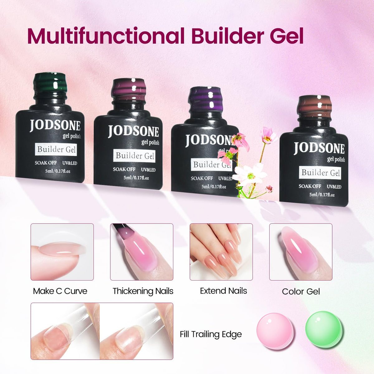 JODSONE Builder Gel Nail Kit with U V Light Base Top Coat 21 Colors High Shine Builder Gel and 100