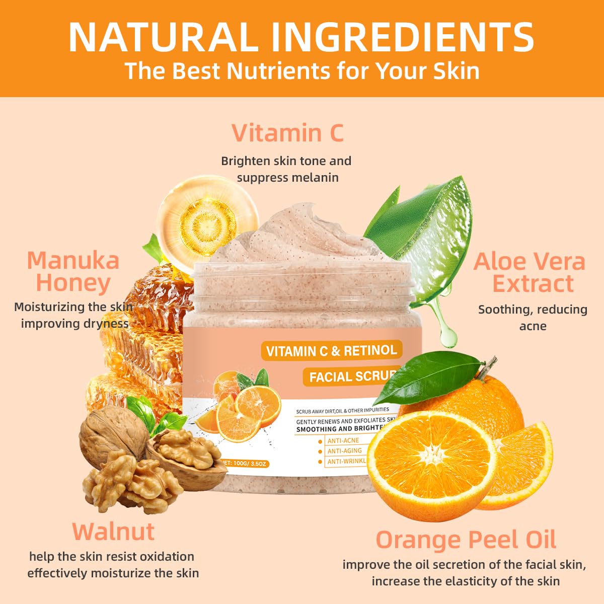 Vitamin C Face Scrub, Exfoliating Facial Wash with Retinol, Facial Scrub,Facial Exfoliating Scrub