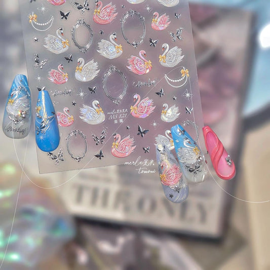 1 Sheet Swan Nail Stickers 5D Embossed Pink Animal Print Nail Art Stickers Self-Adhesive Yellow Bow