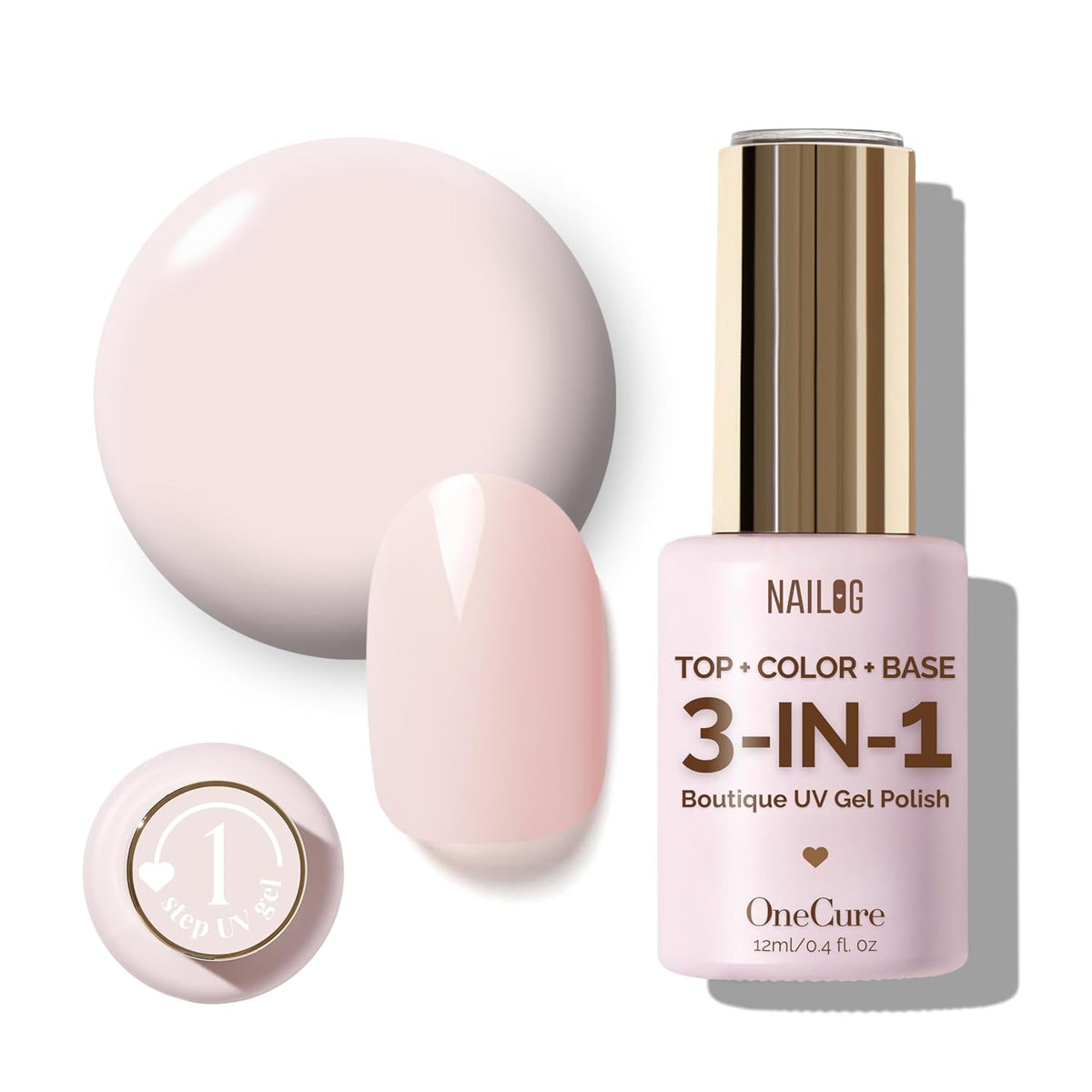 NAILOG One Step Light Pink Gel Nail Polish 12ml Top Coat Color Gel Base 3-In-1 Formula Soak Off UV