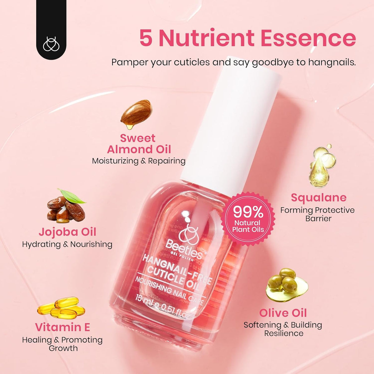 Beetles Cuticle Oil for Nail & Cuticle Care, 15ml Natural Rose Smell Oil with Vitamin E Nourish