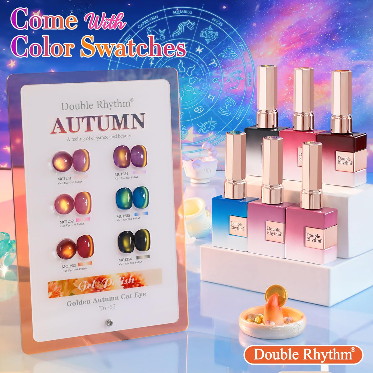 Double Rhythm Cat Eye Gel Nail Polish Set of 6 Same Color Same Bottle 0.5 Oz Shimmer Glitter with