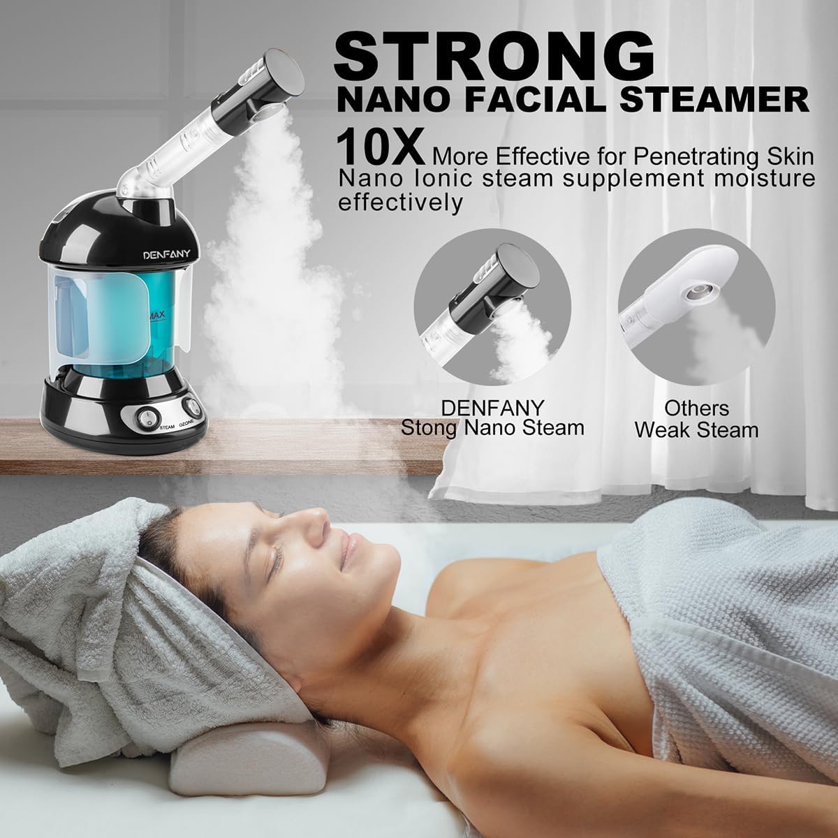 Facial Steamer - DENFANY Nano Ionic Face Steamer with Extendable 360° Rotating Arm - Portable