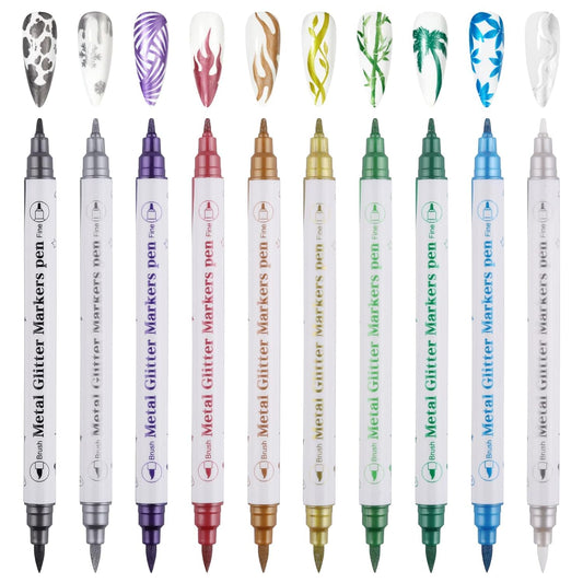 10 Color Metal Giltter 3D Nail Art Pens Set, Kalolary Double-ended Nail Point Dotting Pen Drawing