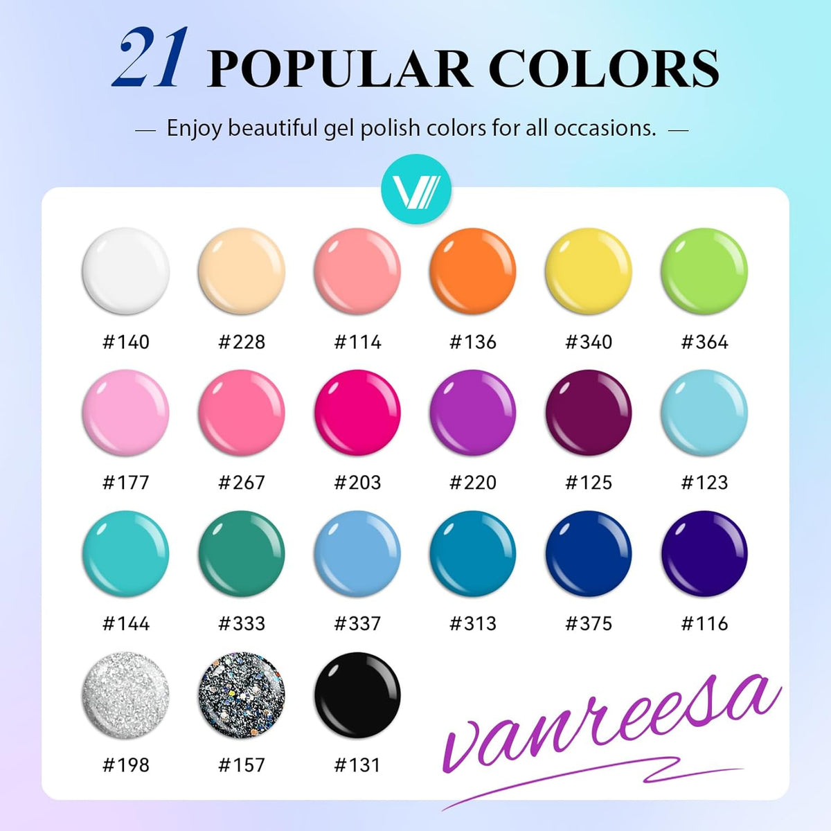 VANREESA 24 Pcs Gel Nail Polish Set, 21 Colors Gel Polish with Base Coat Glossy & Matte Top Coat