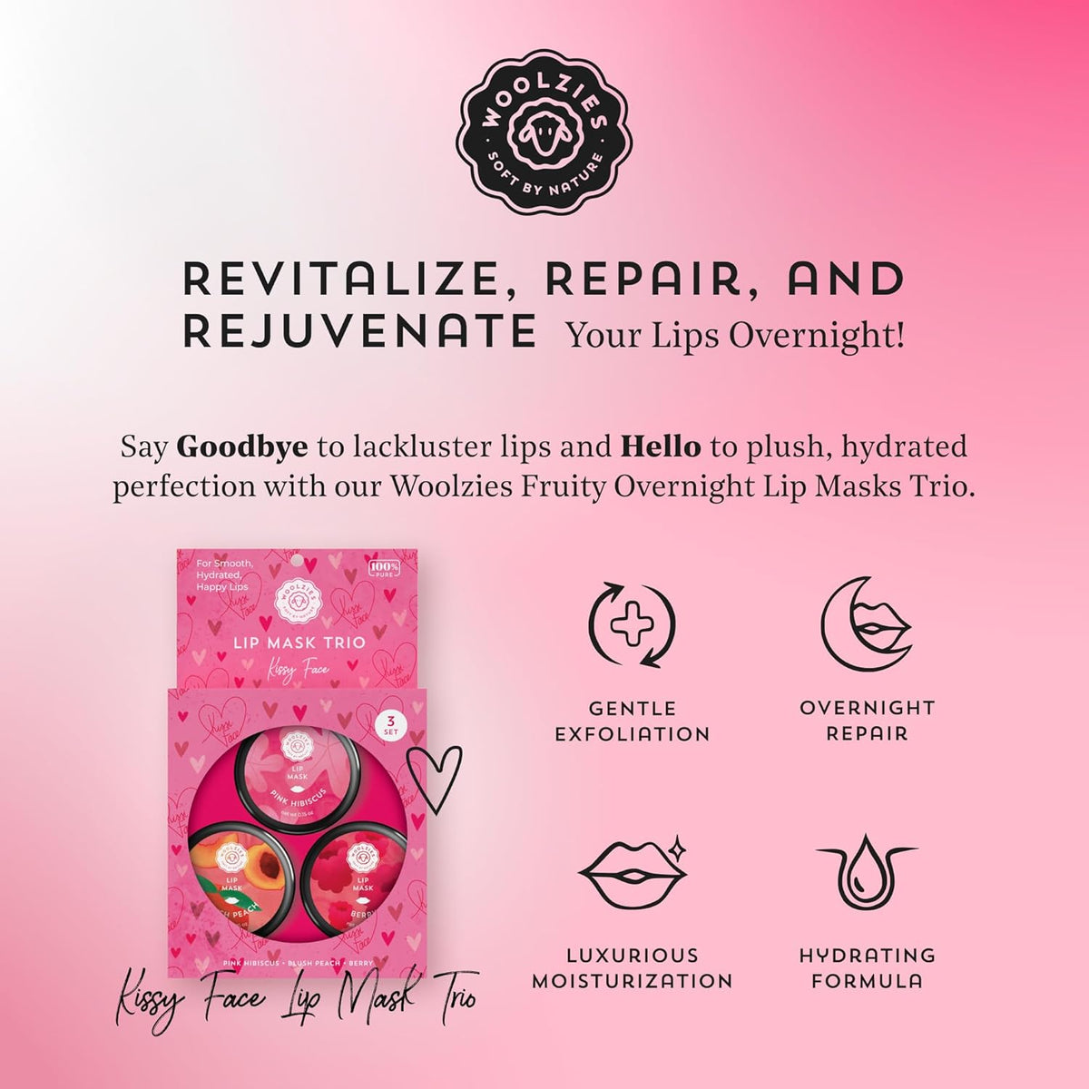 Overnight Lip Sleeping Masks Trio - Set of 3 All Natural Hydrating Lip Treatment - Overnight Repair