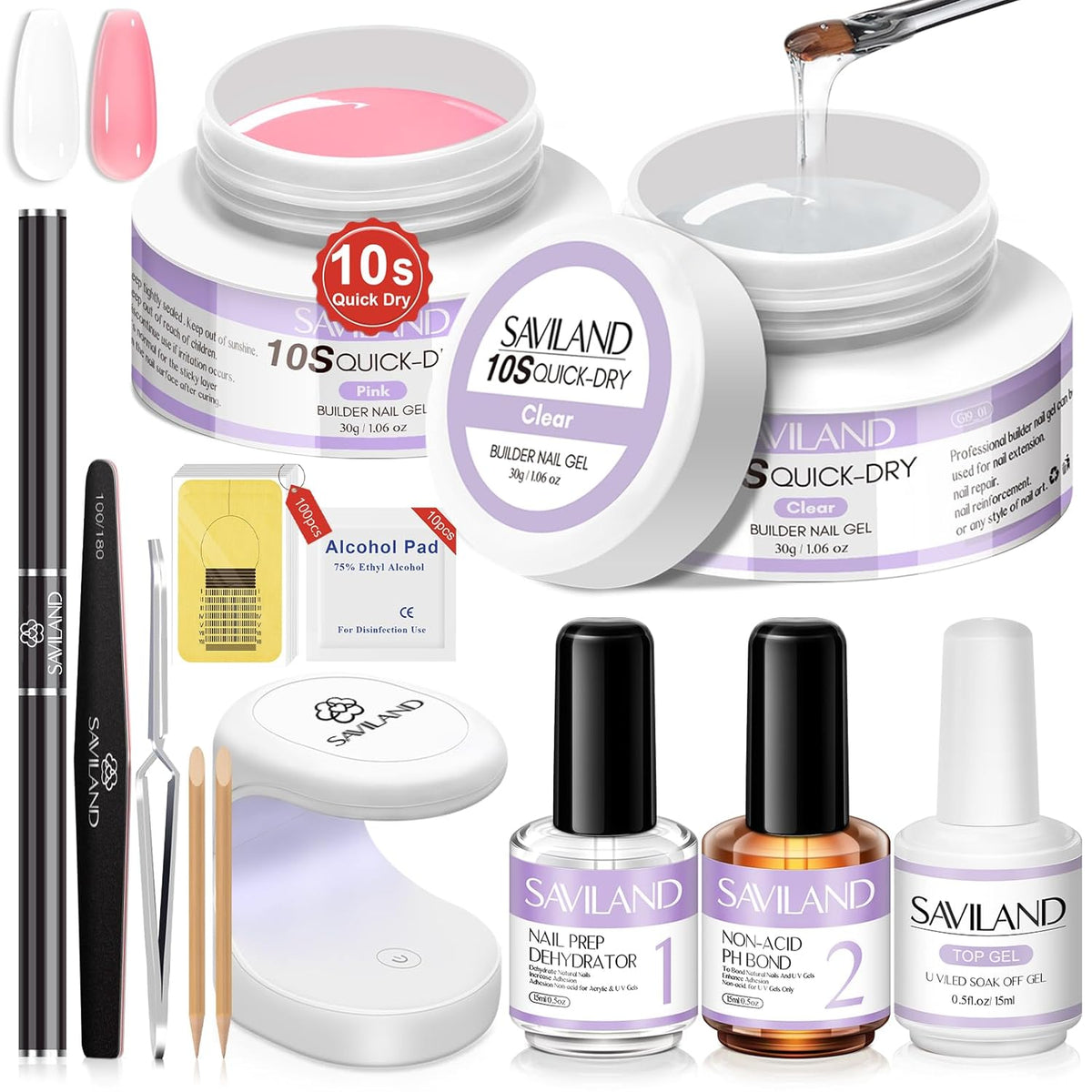 SAVILAND Quick-dry Builder Nail Gel Kit - Clear Pink Builder Hard Gel with Mini UV Light, Top Gels