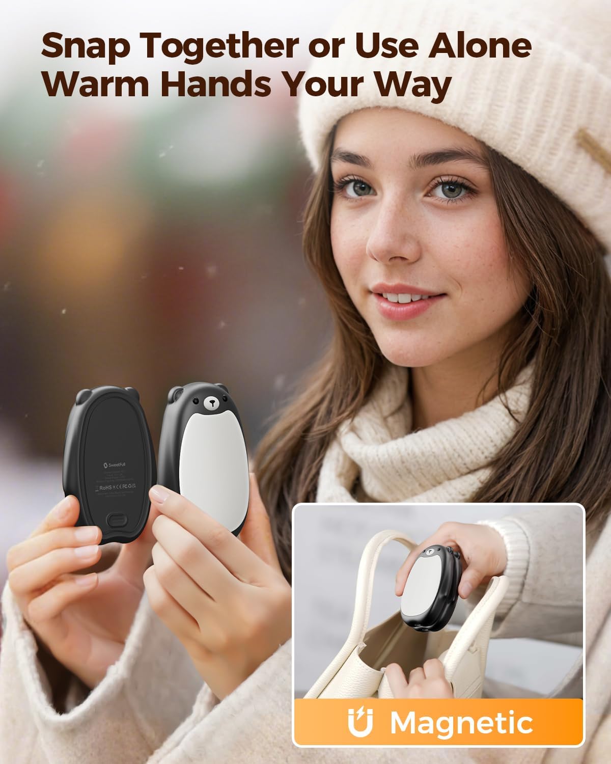 SWEETFULL Hand Warmers Rechargeable – Cute Bear, 2 Pack Magnetic Hot Hands, Reusable Electric