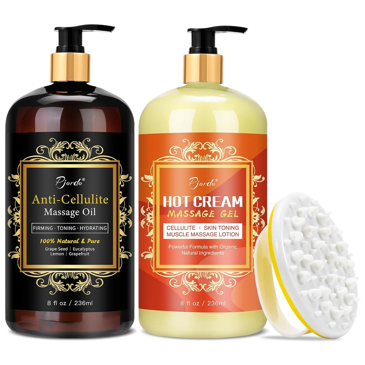 Anti Cellulite Massage Oil & Hot Cream Set with Massager, Natural Cellulite Remover, Oil & Massager