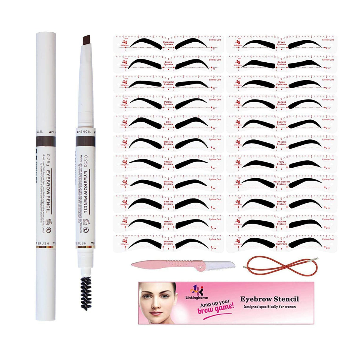 Eyebrow Stencils & Eyebrow Pencil, 30 Eyebrow Shaper Kit, Reusable Eyebrow Template With Strap &