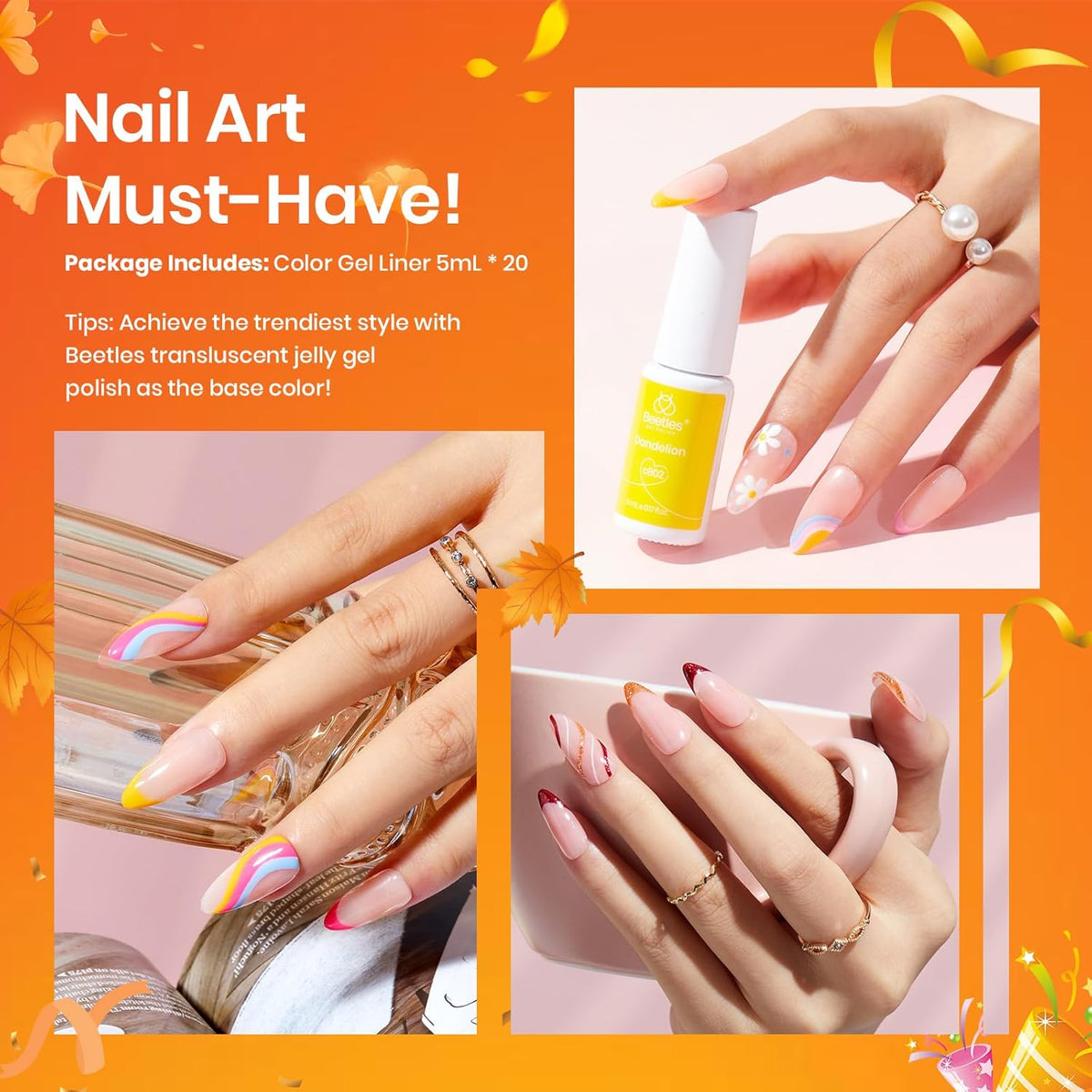 Beetles French Tip Gel Liner Nail Polish Set- 20 Colors Nail Art Polish Brown Glitter Pink Blue